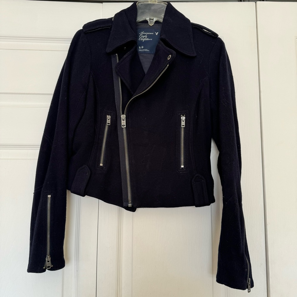 American Eagle Navy Moto Jacket Wool Blend Size S